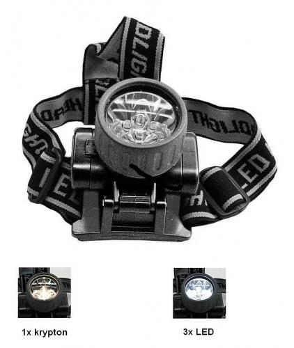 Čelová svítilna (čelovka) 3 LED +1 krypton