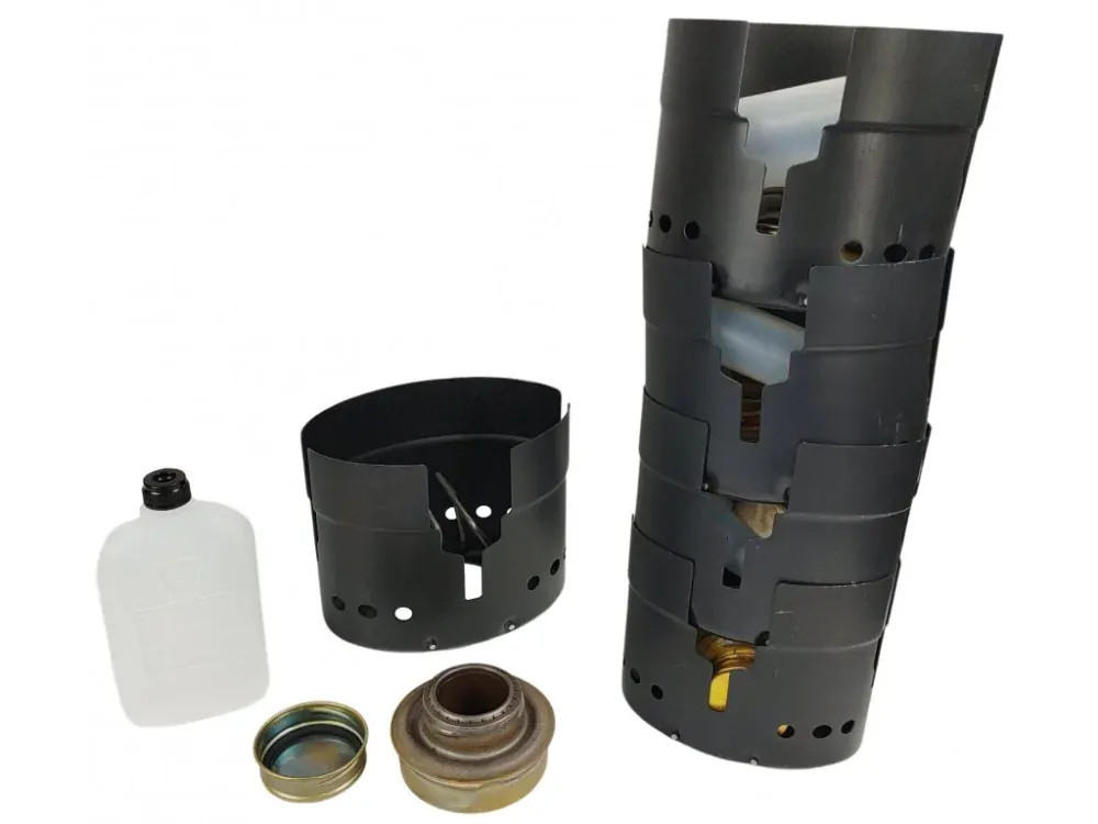 Vařič Švédsko lihový 3dílný se závětřím a s láhví na líh originál 